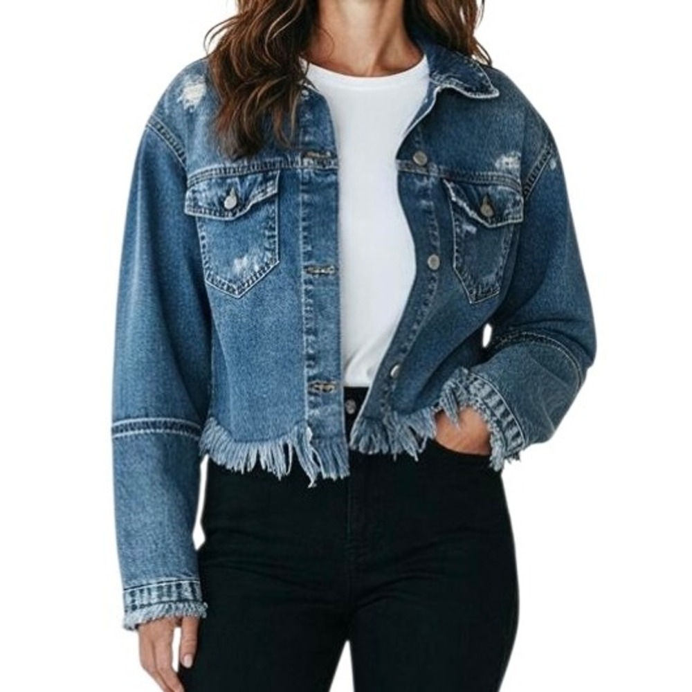 Zara Trafaluc Cropped Distressed Denim Jacket Fringe Hem Medium Wash Women's M